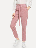 Corduroy Slant Pocket Solid Pants With Belt