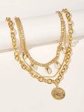 Coin & Shell Pendant Layered Chain Necklace 1pc