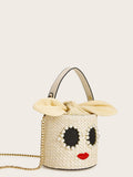 Faux Pearl Decor Woven Bucket Bag