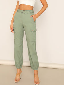 Adjustable Belted Solid Cargo Pants