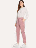 Corduroy Slant Pocket Solid Pants With Belt