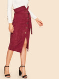 Asymmetrical Waist Single Breasted Belted Split Cord Skirt