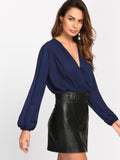 Bishop Sleeve Pleated Wrap Front Blouse Bodysuit