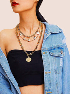 Coin & Shell Pendant Layered Chain Necklace 1pc