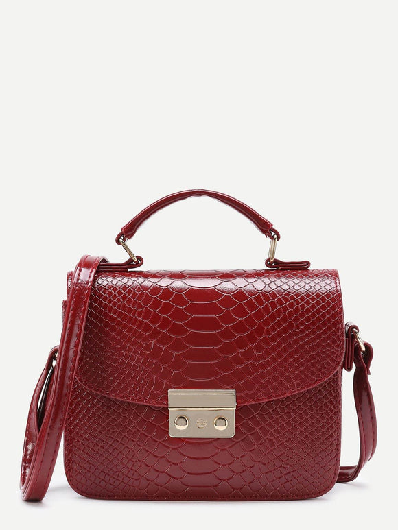 Metal Detail Snakeskin Print PU Shoulder Bag