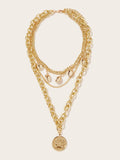 Coin & Shell Pendant Layered Chain Necklace 1pc