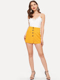 Button Front High Waist Solid Shorts