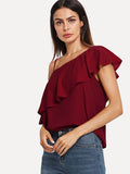 Asymmetrical Neck Flounce Trim Tops