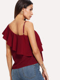 Asymmetrical Neck Flounce Trim Tops