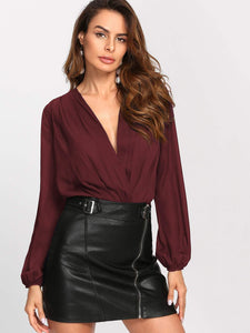 Bishop Sleeve Pleated Wrap Front Blouse Bodysuit