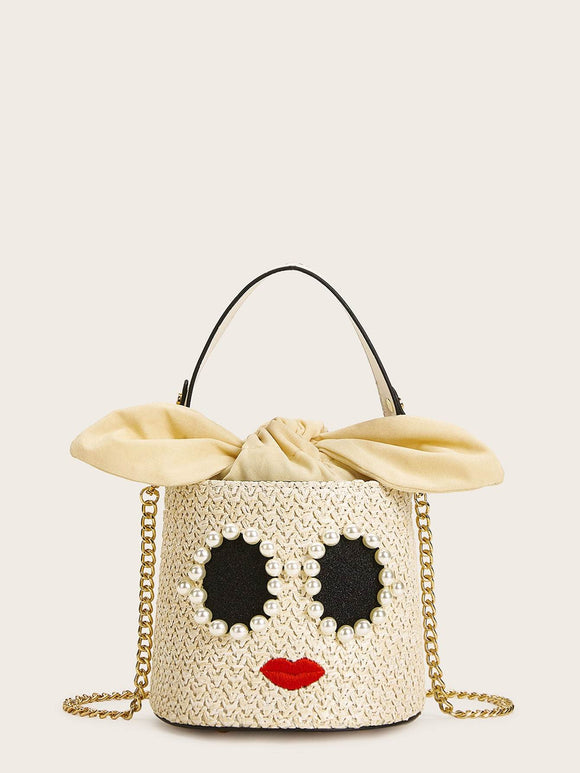 Faux Pearl Decor Woven Bucket Bag