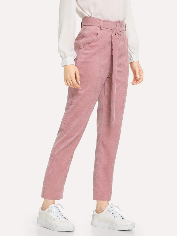 Corduroy Slant Pocket Solid Pants With Belt