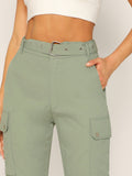 Adjustable Belted Solid Cargo Pants