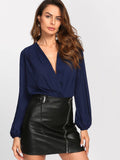 Bishop Sleeve Pleated Wrap Front Blouse Bodysuit