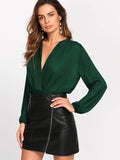 Bishop Sleeve Pleated Wrap Front Blouse Bodysuit