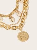 Coin & Shell Pendant Layered Chain Necklace 1pc