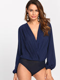 Bishop Sleeve Pleated Wrap Front Blouse Bodysuit