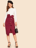 Asymmetrical Waist Single Breasted Belted Split Cord Skirt