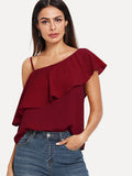 Asymmetrical Neck Flounce Trim Tops